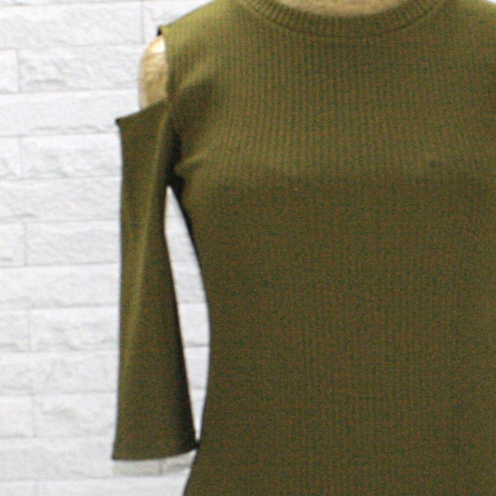 FOREVER 21 Dress Ribbed Knit Bodycon Form Fitted Cold Shoulder Column Olive S - Picture 3 of 15